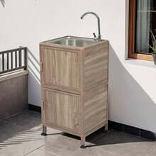 【囲い付きで便利】屋外 流し台 ステンレス W46×D35×H108cm ガーデンシンク 作業台 キッチン 台所 屋外 簡易 シンク 組み立て簡単 収納棚付 庭 高さ調節 調理台 ガーデニング 庭 頑丈 新作【木目調	】 - 木材 + ステンレス - チェックする 2