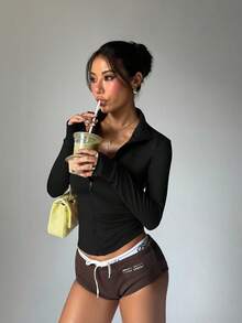 女士修身透气运动套装，适合户外跑步，防紫外线，拉链弹力简约修身时尚性感高品质基础街头风弹力休闲独特配色提亮肤色优雅紧身保暖长袖瑜伽外套黑色春季 - 黑色 - 查看 4