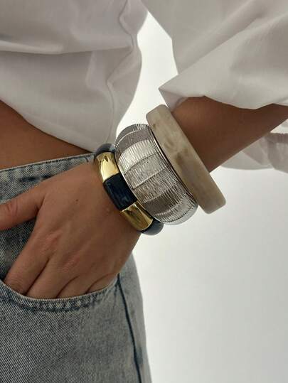 Retro Fashion Simple Alloy Colorful Square Beaded Elastic Acrylic Women Bracelet