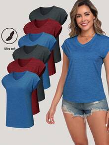 HOPLYNN 6 Pack Womens Cap Short Sleeve V-Neck T-Shirts Sport Casual Loose Workout Tank Tops - Nhiều màu 3 - Xem 1