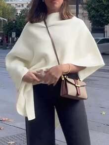 女士街头休闲简约性感圆领不对称披肩镂空针织上衣短袖网眼针织衫沙滩罩衫套装轻薄套头衫耸肩披肩半蝙蝠宽松衬衫秋季女装 - 米色 - 查看 3