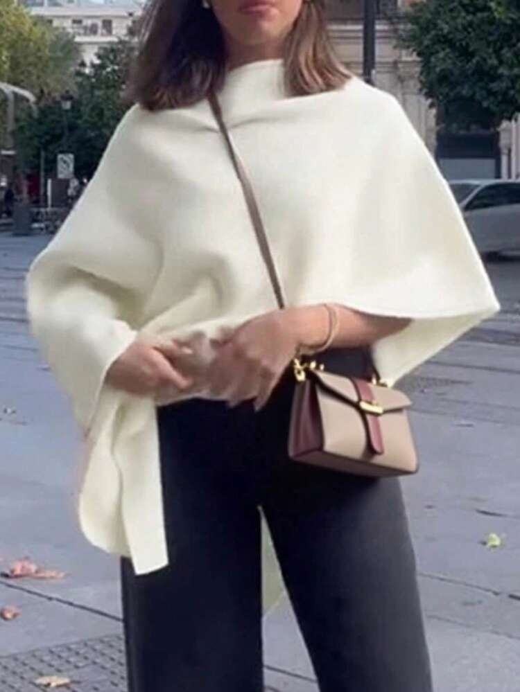 女士街头休闲简约性感圆领不对称披肩镂空针织上衣短袖网眼针织衫沙滩罩衫套装轻薄套头衫耸肩披肩半蝙蝠宽松衬衫秋季女装 - 米色 - 查看 3