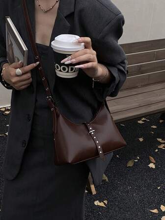 New Fashionable Retro Solid Color PU Leather Rivet Studded Women Shoulder Bag