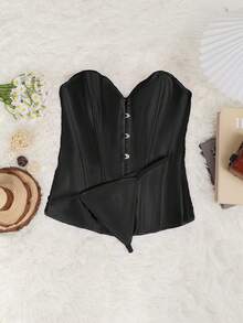 Apperloth Trages Corset Bustier Solid Back Lacing Waist Trainer Abdomen Support Boned Tops Evening Party Date Night Outfits Halloween Two Pieces Set Women - Black - View 3