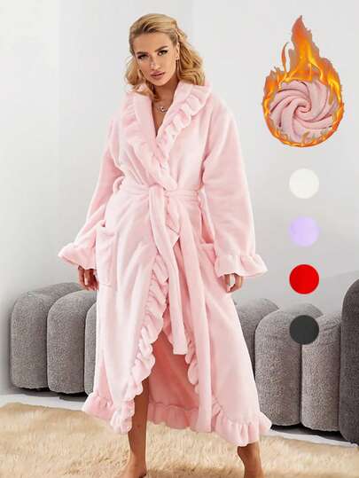 Women's Thickened Ruffle Hem Fashion Robe, Autumn/Winter Coral Fleece Thick Bathrobe, Super Soft Ruffle Hem Ankle-Length Robe With Side Pockets, Warm Loungewear, Soft Warm Long Bathrobe, Plush SPA Robe, Casual Sleepwear, Loungewear With Pockets