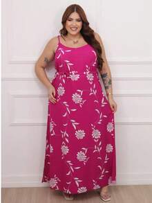 Women's Plus Size Printed Long Dress - 玫紅色 - 查看 3