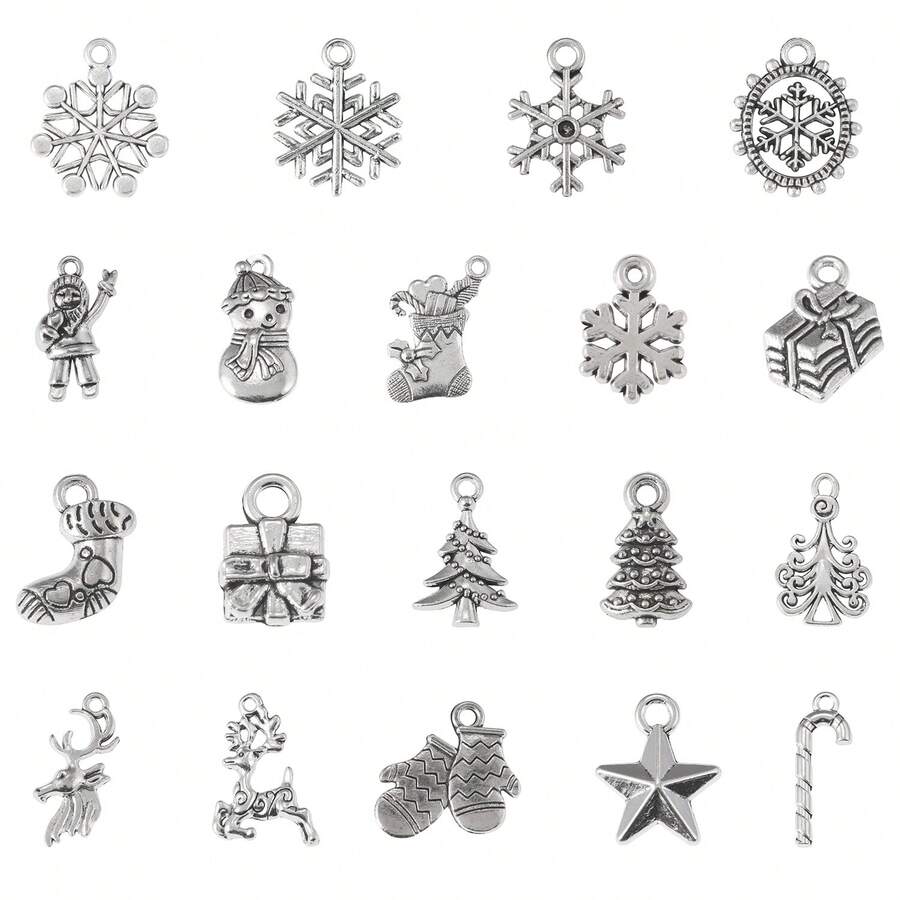 19pcs Random Assorted Silver-Tone Alloy Christmas Pendants, Reindeer, Mitten, Candy Cane Styles, DIY Jewelry Making Charms - Silver - View 1