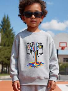 儿童/男童休闲电子游戏图案印花长袖圆领卫衣 - 灰色 - 查看 3