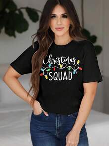 Camisa De Navidad Para Mujer, Con Gráficos De Luz De Navidad, Manga Corta, Para Familia, Navidad, Día Festivo - Oscuro - Ver 3