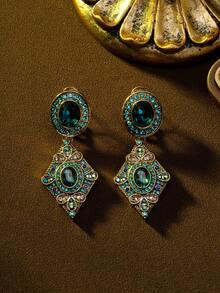 1 szt. zabytkowy naszyjnik z europejskim i amerykańskim wzorem w kształcie rombu z kryształkami, elegancki luksusowy zestaw naszyjnika i kolczyków, odpowiedni na imprezy, bankiety, wesela i inne okazje - Wielokolorowe - Zobacz 3