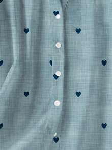 Plus Size Women's Romantic Heart Print Long Sleeve Button-Up Shirt With Pockets, Suitable For Autumn, Winter And Spring - Navy Blue - View 7