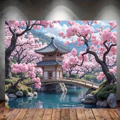 1 Stück Sakura & traditionelles japanisches Haus Wandbehang Fahne, lebendiger Kirschblütenbaum, Pagode & Brücken Szene, strapazierfähiger Polyesterstoff horizontale Innenraum Dekoration, süß für Wohnzimmer, Schlafzimmer, Zuhause Party, japanischer Stil