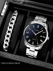2pcs Simple And Casual Men's Quartz Watch Set, And Cool Silver-Toned Metal Watch With Matching Bracelet, Featuring A Silver-Toned Metal Strap Paired With A Cuban Chain Bracelet.
