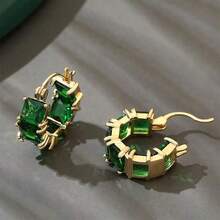 1 Pair Square Green Synthetic Zirconia Women's Hoop Earrings, Suitable For Christmas, Valentine's Day, Parties, Daily Wear, All Seasons