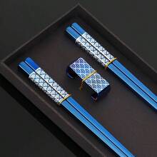 - Palillos reutilizables de acero inoxidable chapados en titanio con soporte, aptos para lavaplatos, juego de palillos ligeros de estilo japons azul - Azul - Ver 8