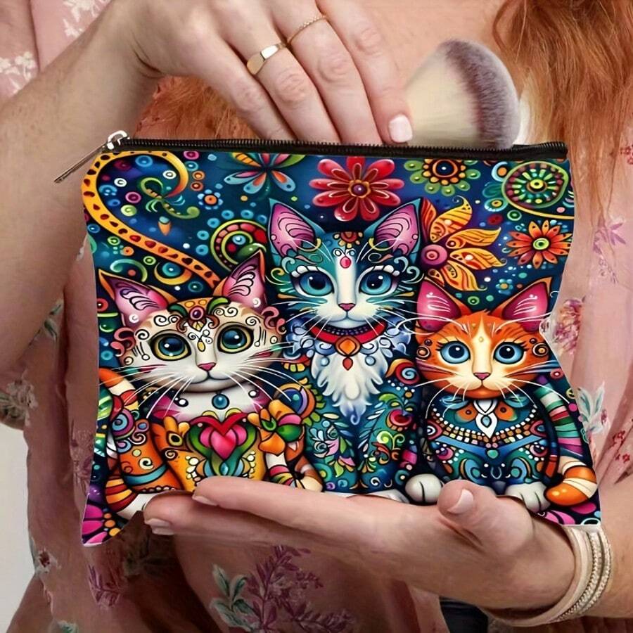 1 Bohemian Style Cat Pattern Cosmetic Bag - Bright Floral And Cat Design, Secure Zipper Closure, Lightweight Travel Cosmetic Bag, Multifunctional Toiletries And Accessories Storage Bag - Multicolor - View 1