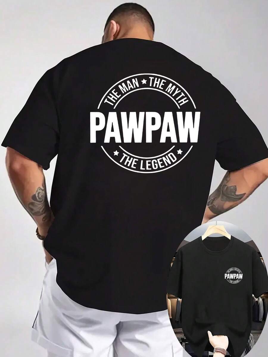 [Niu Wang Selection] New Men's Summer Casual T-Shirt, Short Sleeve Ribbed Crew Neck Knit T-Shirt, Cool And Comfortable, Double-Sided Print On Front And Back, PAWPAW Print, Suitable For Outdoor Activities, Summer T-Shirt For Men - 黑色 - 查看 1