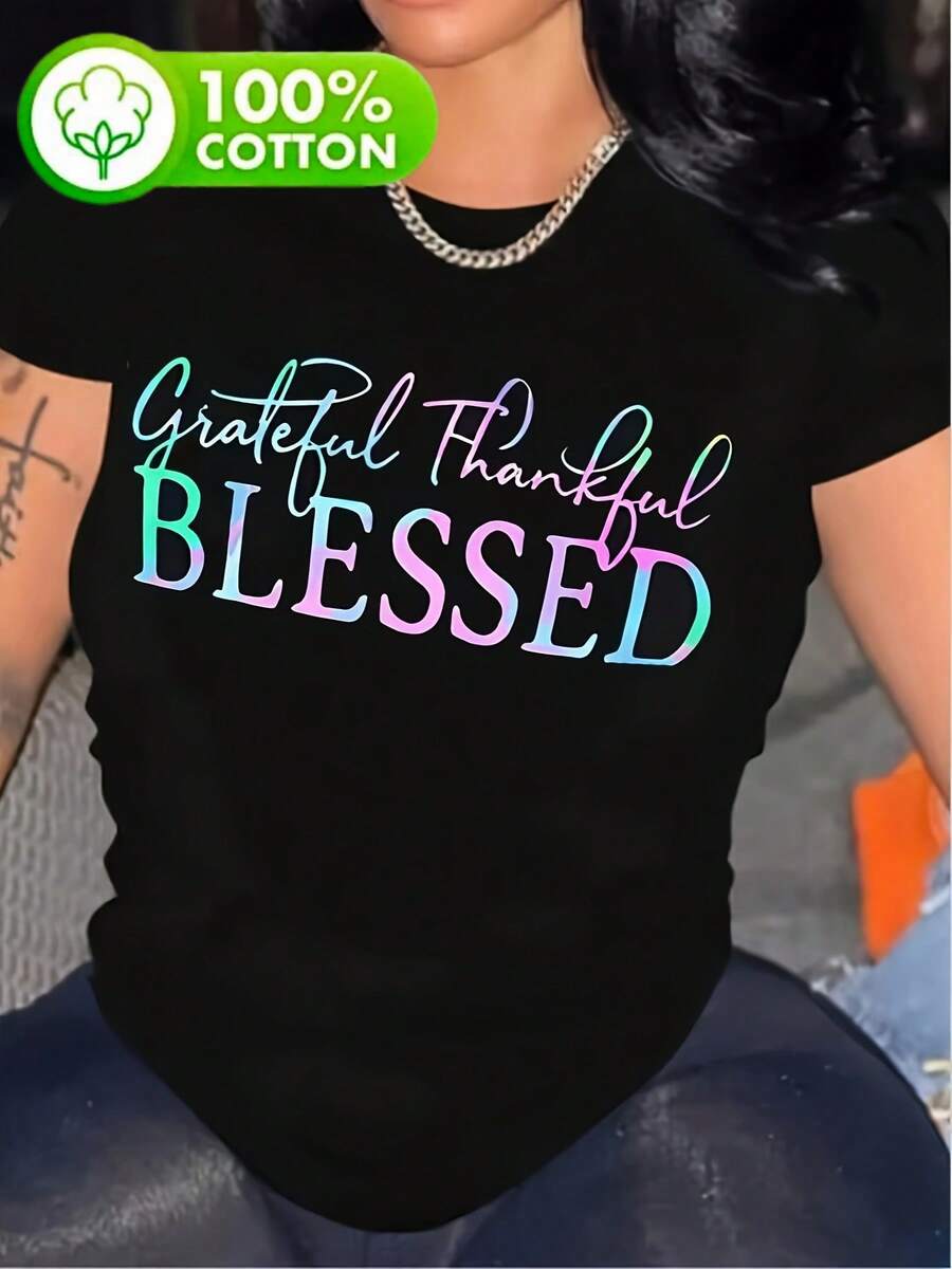 Camiseta de Algodón 100% para Mujer con Estampado Colorido "Grateful Thankful " - Manga Corta Suave y Transpirable, Corte Regular Ajuste Medio para Primavera/Verano, Lavable a Máquina, Envío desde Almacén Local - Negro - Ver 1