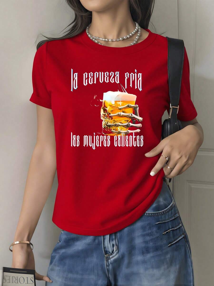Cerveza fría y mujeres valientes Camisa de T con estampado digital temática divertida de copas de cerveza 220 gramos diseño casual estilo moderno Camiseta de mujer con cuello redondo 1 unidad de 100% algodón - Rojo - Ver 1
