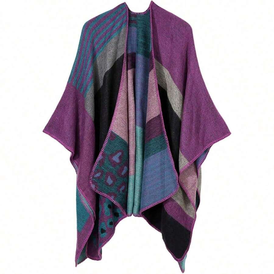 Women's Warm Shawl Wrap Cape Winter Cardigan Sweaters Open Front Poncho - A3-tím - Xem 1
