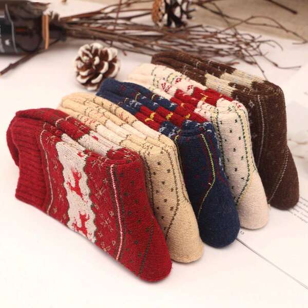 Calcetines gruesos con estampado de alce acogedor - Calcetines de Navidad cálidos y cómodos para mujer, calcetines de invierno de estilo navideño con diseño de ciervo dorado, calcetines gruesos de jacquard de invierno cálidos, ideales para vacaciones y ocasiones especiales