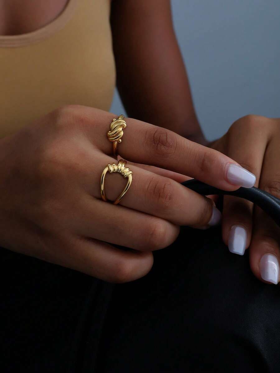 2pcs Minimalist Stainless Steel Open Ring, Fashionable Niche Design, Versatile - Golden 21 - View 1