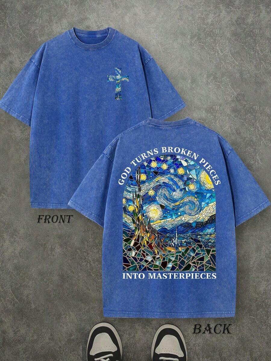 Retro Washed T-Shirt Double Sided Printed (230 Pure Cotton T-Shirt) 'GOD TURNS BROKEN PIECES' Letter Print, Christian Gift, Men's T-Shirt, Men's Casual, Comfortable, Fashionable T-Shirt, Street Style Cotton Fashion Design Soft Fabric Loose Fit Unisex Hip Hop Retro Street Style - 寶藍色 - 查看 1