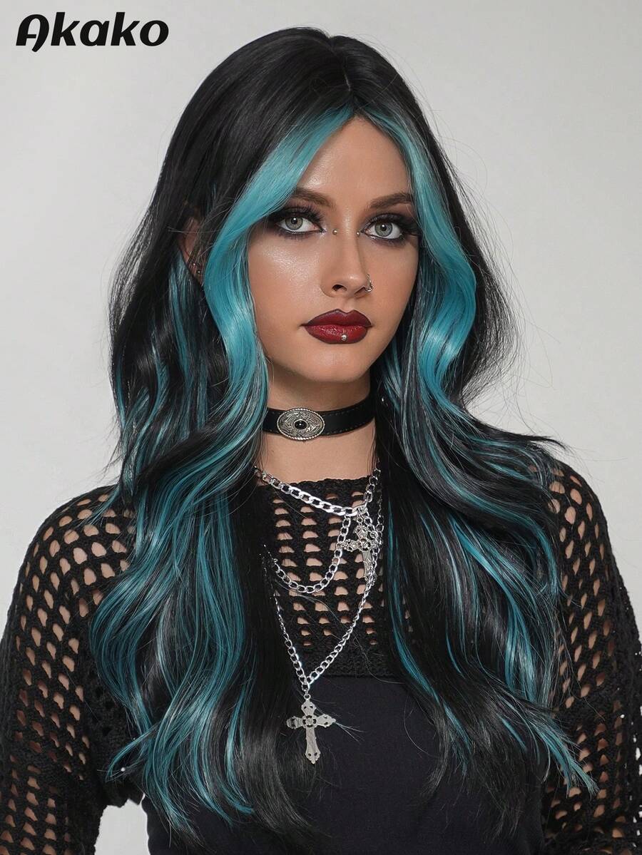 AKAKO 24 Inch Blue Highlight Long Wavy Wig With Curtain Bangs, High Quality Heat-Resistant Fiber Synthetic Wave Curly Hair Wig, Gorgeous Goth Style Costume Wigs For Women Halloween Party Masquerade Ball,Music Festivals & Carnival Use - 挑染藍色 - 查看 1