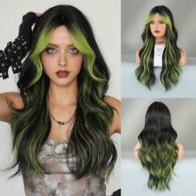 AKAKO 24 Inch Green Highlight Long Wavy Wig With Curtain Bangs, High Quality Heat-Resistant Fiber Synthetic Wave Curly Hair Wig, Gorgeous Goth Style Costume Wigs For Women Halloween Party Masquerade Ball,Music Festivals & Carnival Use - 挑染綠色 - 查看 11