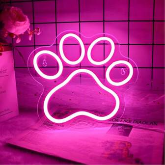 1 pieza Señal de neón de pata de gato o perro - Luz de pared acrílica con alimentación USB para decoración de dormitorio de tienda de mascotas, regalo rosa de 24.5x22cm