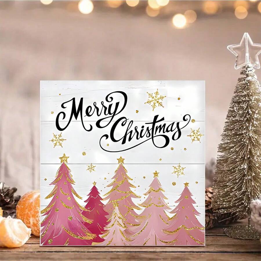 Seria roz de Crăciun, ornament artizanal din lemn de 4,92x4,92 inci, element Moș Crăciun, potrivit pentru decorarea casei, dormitor, sufragerie, masă, cadouri de Crăciun pentru petreceri, cadouri de sărbători