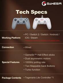 GameSir Tegenaria Lite Wired Symmetrical PC Gaming Controller, Compatible With PC, Switch, Android, IOS Devices And Steam Platform. Features Hall Effect Joysticks, Retro Design, 1000Hz Polling Rate, Analog Triggers, Immersive Vibration Feedback, Membrane Buttons, Ergonomic Design, Turbo Function, 2 Customizable Back Buttons, Gray & White Color - Tegenaria Lite - View 11