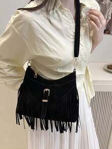 Tropiscape 流苏装饰纯色麂皮/PU便携拉链复古时尚斜挎包圣诞礼物 - 黑色 - 查看 11