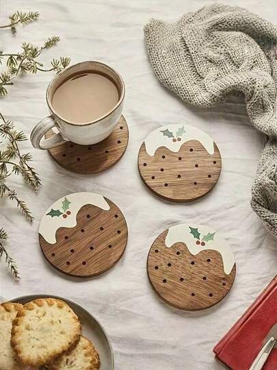 1/6 件圣诞布丁木制杯垫，适用于家庭、办公室、咖啡厅、茶室装饰、餐桌布置、餐厅装饰和礼品