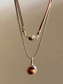 Collar con colgante de cuentas de piedra marrón vintage, con cadena de metal dorado de doble capa y múltiples cadenas, ideal para usar con suéteres en otoño e invierno, regalo de joyería para mujeres