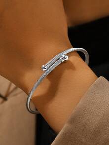 2pcs Simple & Fashionable Stainless Steel Geometric Clover Bangle & Ring Set, And Suitable For Daily Commute Valentines