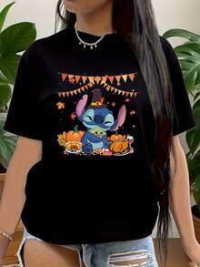 Stitch Thanksgiving Shirt, Thanksgiving  Stitch Shirt, Stitch & Pumpkin Thanksgiving Shirt, Stitch Fall Leaves Pattern Top,  Autumn Vibes Tee,  Family Parties Shirt, Thanksgiving Gifts, 220g - 黑色 - 查看 1