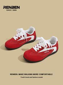 RENBEN 1 par de zapatillas de estilo retro con cordones y parches para mujer, con suela gruesa, casual, deportiva, de suela blanda, diseño de nicho de moda, adecuada para primavera/otoño