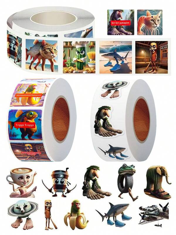 500Sheets/Roll Italian Brainrot Cartoon Anime Stickers Waterproof Tung Tung Tung Sahur Tralalero Tralala DIY For Water Bottle Cup Phone Car Laptop Suitcase Cute Decorative Accessories Gift Bombardiro Crocodilo Lirili Larila Glorbo Frutto Drillo Sticker Album Diary Envelope Sealing Paper Tape