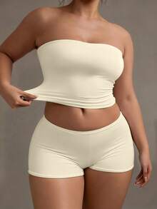 XLLAIS 性感无肩带基础款背心，时尚纯色弹力修身抹胸上衣，适合女性四季穿着 - 米色 - 查看 6