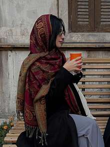 1pc Bohemian Style Fringed Scarf, Paisley Pattern Shawl, Wool Texture Shawl, Long Scarf - Burgundy - View 3