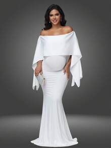 JustVH Pregnant Women Off-Shoulder Dress, Elegant Long Mermaid Gown Suitable For Baby Shower Photo Shoot White Spring - White - View 5