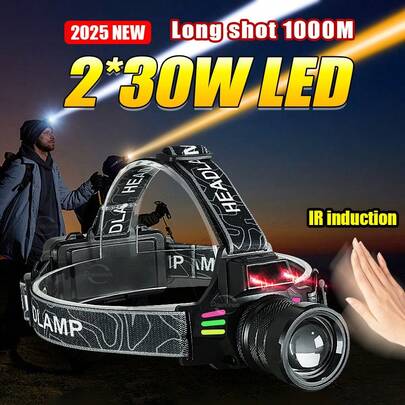New Powerful Dual-Light Headlamp With Motion Sensor Auto Headlights, High-Power Zoomable Flashlight With Battery Display, White/Yellow Light For Outdoor Night Fishing, Camping, Hiking, Aluminum Alloy Night Running Light For Outdoor Work