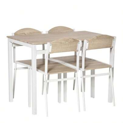 Conjunto de comedor HOMCOM de 5 piezas con MDF con veta de madera y metal en gris y blanco, 1 mesa y 4 sillas para un comedor moderno.