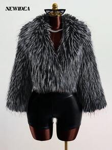 Elegant Women's V-Neck Faux Fur Coat Long Sleeve Warm Lined Regular Fit Fuzzy Outerwear Perfect For Winter Parties, Daily Commutes, Holiday Travels, And Evening Outings