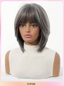 TOPSHE Fashion Natural Looking Wigs 12 Inch Cute Party Dark Grey Short Straight Wigs,Heat-Resistant Synthetic Wig With Bangs For Women, For Party,Cosplay,Halloween Daily Wear - 深灰色 - 查看 2