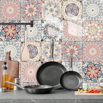 10pcs Bohemian Style Mandala Flower Pattern Kitchen Wall Stickers, Waterproof Self-Adhesive Wall Decals For Kitchen/Bathroom/Bedroom, Christmas Gift Wallpaper Wall Paper Wall Decor Room Decor Bedroom Decor
