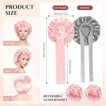 Gorro de Pelo Rizado de Satn, 2 Piezas Gorro de Dormir de Seda Ajustable, Viene con 2 PCS Diademas de Satn, Gorro De Dormir Suave Satinado Reutilizable y Cmodo con Banda Elstica Ancha Negro y rosa - Rosa y Plata - Ver 5