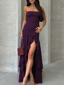 Women Solid Ruffle Side Slit Tube Long Dress Bodycon Elegant Sexy Party Dress Evening Prom Clothes