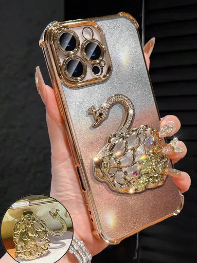 奢华电镀香槟金手机壳，创意天鹅支架，闪亮水钻Y2K风格，防震，新款夏季时尚硅胶软壳保护套，适用于 16/16E/15/14/13/12/11/X/XS/XR/8/7 Plus/Pro/Max/Mini、Galaxy S24/S25 Ultra、Honor、Reno、MOTO Women 2025等机型。